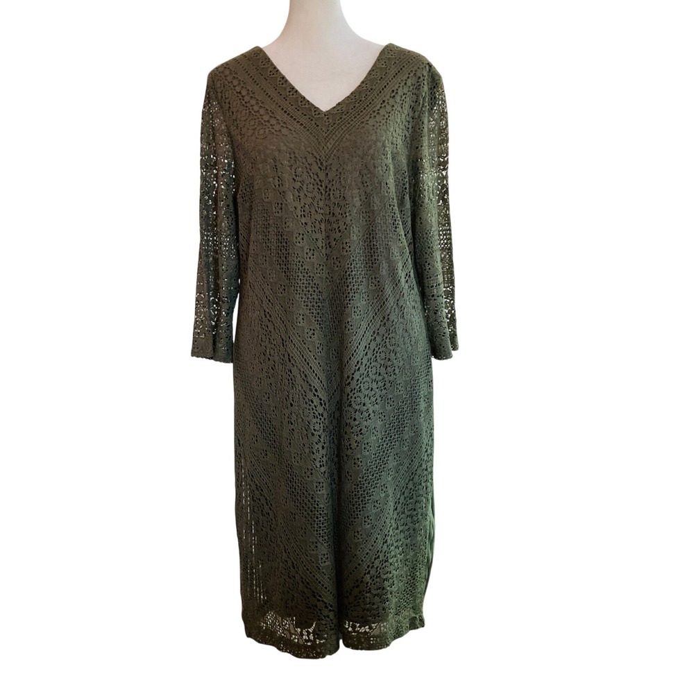Chico's Lace Shift Dress Sage Green V-Neck Mixed Media Crochet Office (Size L)